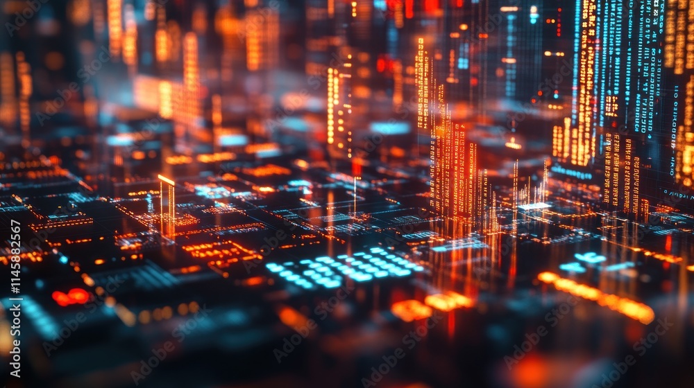 Poster abstract digital grid with glowing elements.