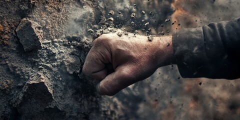 A powerful hand strikes forcefully, shattering a rough stone wall, demonstrating remarkable intensity as this big hand dismantles the crass stone structure with significant impact.