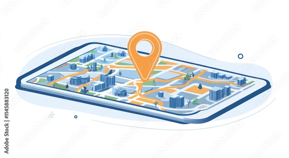 Poster orange marker pin on map displayed on a tablet.