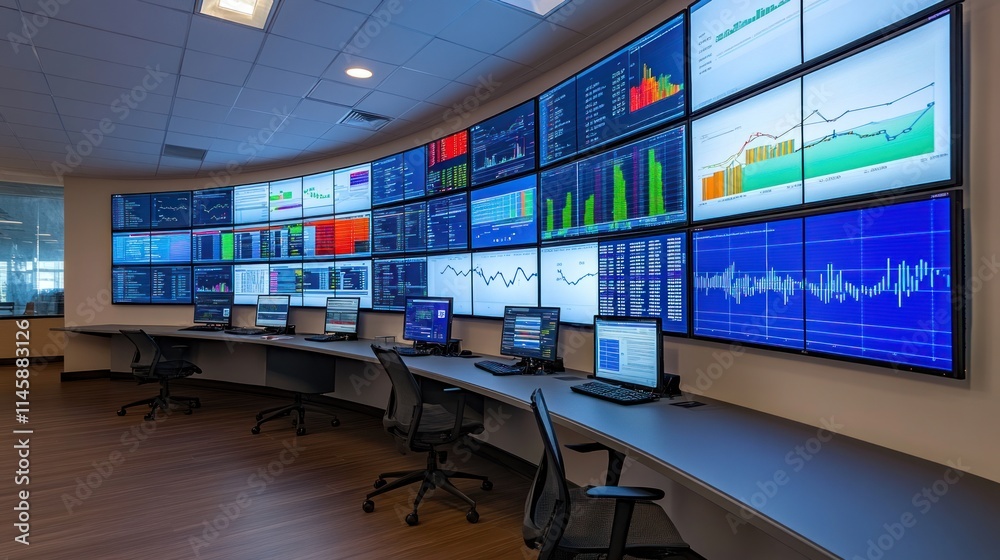Aufkleber room with multiple screens showing charts, workstations.