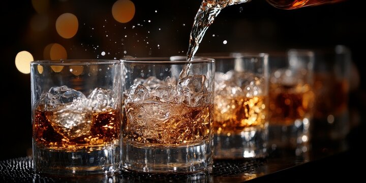 Barman skillfully pouring hard spirit into glasses, showcasing the art of mixology. This detailed shot captures the essence of a barman s craft with hard spirit elegantly flowing into the glasses.