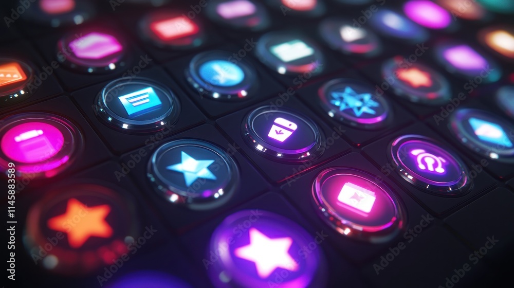 Aufkleber row of brightly glowing app icons on a dark grid.