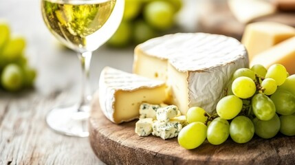 Savor a delightful arrangement of cheeses complemented by fresh grapes and a glass of white wine on a rustic wooden board