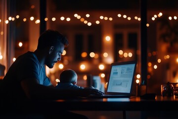 Father working late at night with baby beside him in a cozy room decorated with warm lights