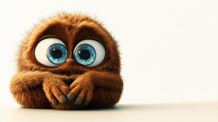 Cute fluffy brown monster with big blue eyes sitting on white background.