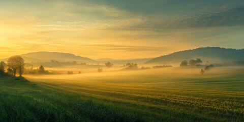 Obraz premium A stunning, foggy morning landscape unfolds across the agricultural fields, creating a picturesque and serene atmosphere in the countryside.