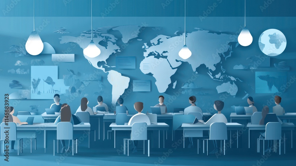 Poster Global team working at desks with world map wall.