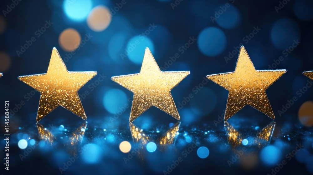Aufkleber golden five stars in row with blue bokeh effect background.