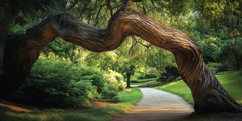Fototapeta premium Twisted tree branch along a pathway featuring lush green trees creates a serene atmosphere in the park, showcasing the beauty of nature with its unique twisted tree branch.