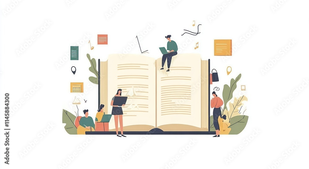 Aufkleber people learn around giant book with devices, icons floating above.
