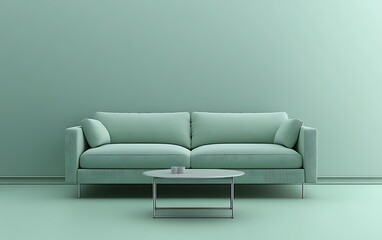 Minimalist living room interior design with a pastel green sofa and coffee table.