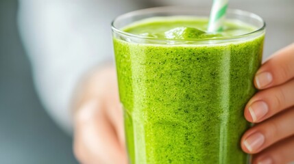 Fresh ingredients are being blended by a woman to create a vibrant green smoothie in a contemporary kitchen environment
