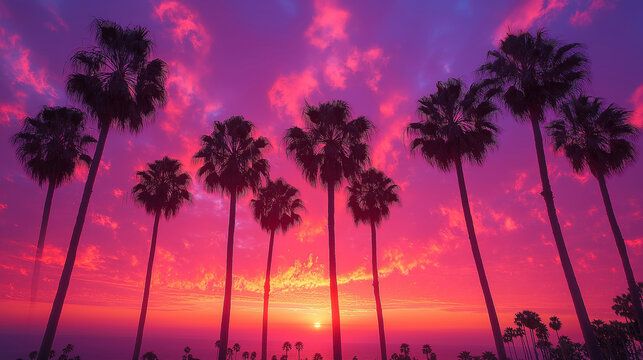 palm trees at sunset in purple and pink tones for background