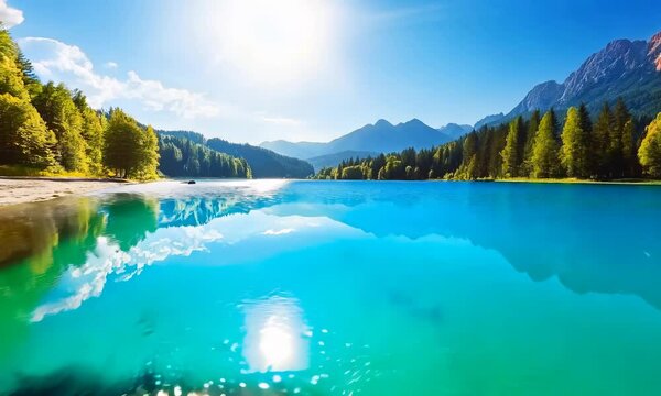 Tranquil Lake Surrounded by Mountains and Trees
