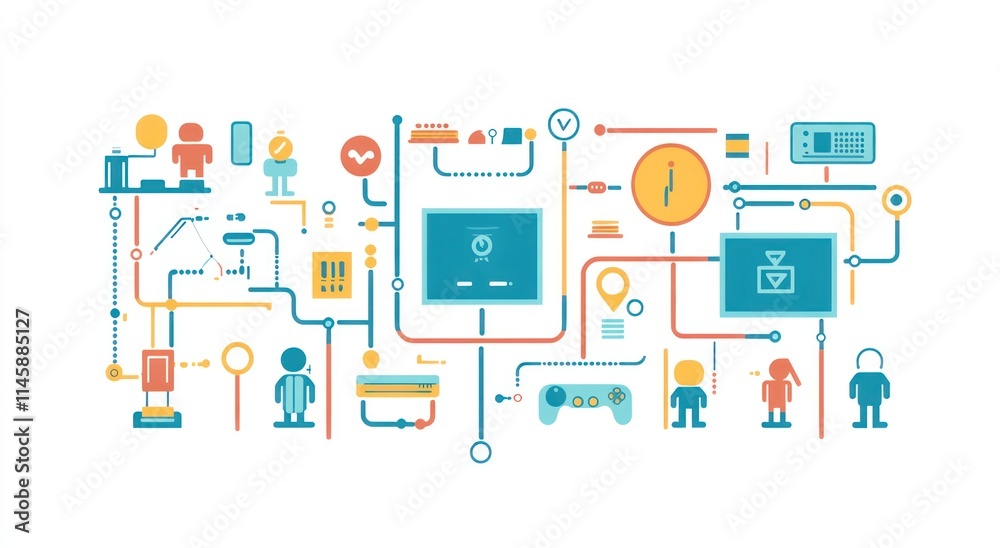Poster abstract geometric technology process flow chart on white.