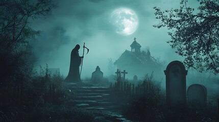 Fototapeta premium Grim Reaper Stands Near Churchyard Under Moonlight