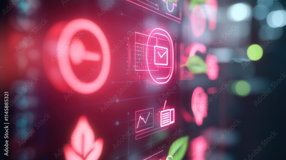 Poster Red glowing icons display information on a dark background with depth of field.