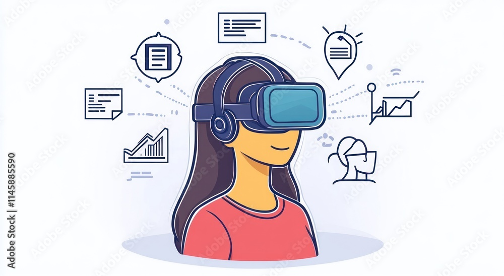 Poster woman using virtual reality headset with data icons.