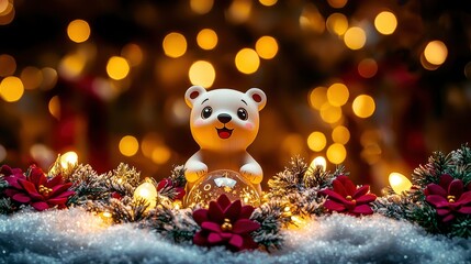 Fototapeta premium Adorable Polar Bear Figurine in Festive Christmas Setting with Sparkling Lights