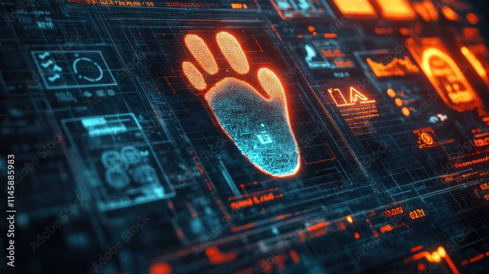 Poster Paw print on glowing digital screen with graphs, charts, and data.