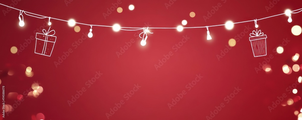 Poster red background with string lights, gifts.