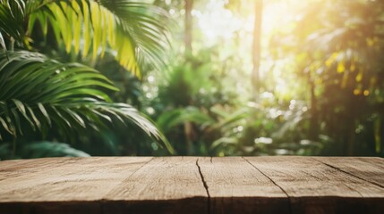 A rustic wooden table is framed by a vibrant jungle, sunlight illuminating the rich foliage and creating a peaceful vibe