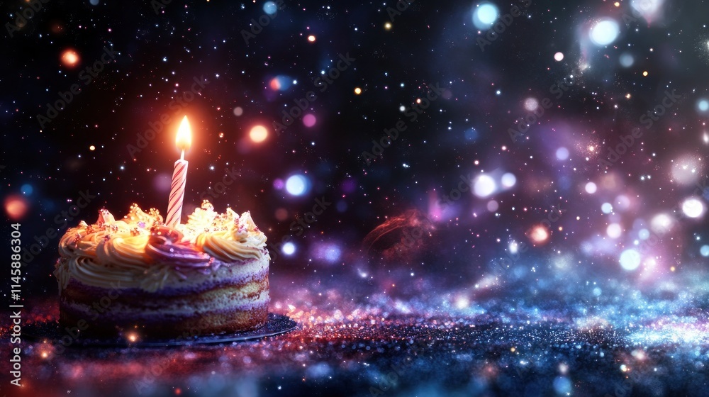 Aufkleber lit candle on frosted cake with cosmic bokeh.