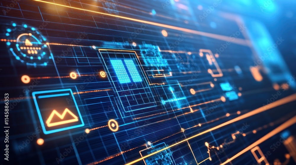 Aufkleber abstract digital interface with glowing blue and orange elements.