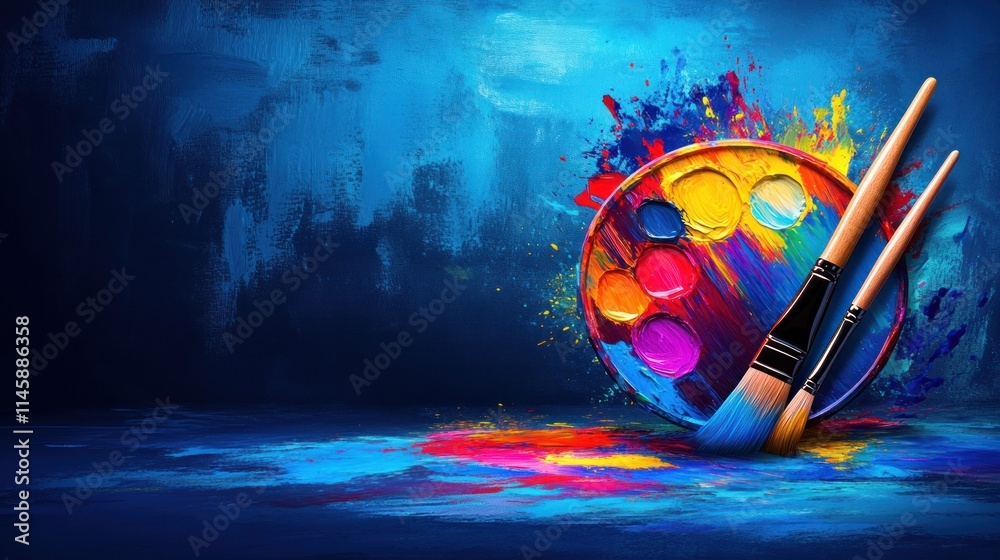 Aufkleber paintbrushes and palette with vibrant colorful paint on textured background.