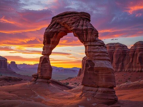 Explore the stunning Delicate Arch at sunset in Arches National Park with vibrant colors illuminating the desert landscape