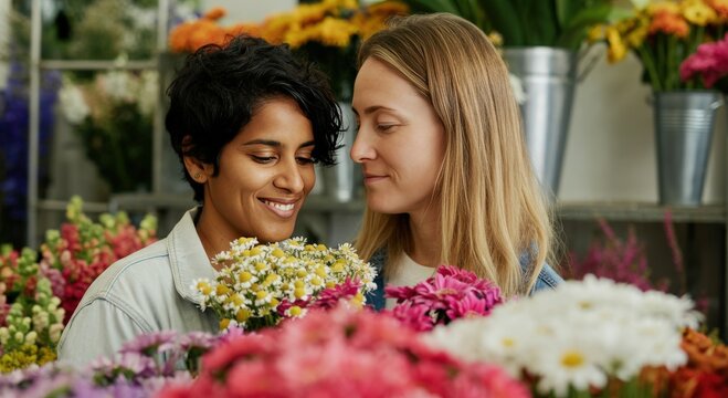Joyful moment among flower arrangements with diverse female couple celebrating friendship