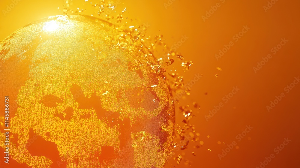 Poster Textured globe with dynamic splashes of liquid on an orange backdrop.