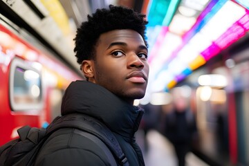 Fototapeta premium Young Black Man Commuter in City Subway