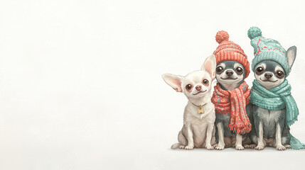 Endearing illustration of three Chihuahuas wearing colorful hats and scarves