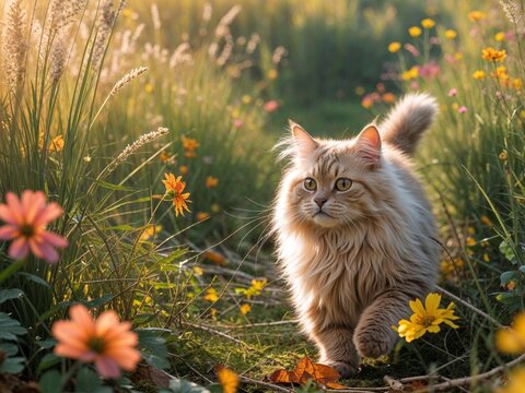 Curious cat exploring nature in the sunlight