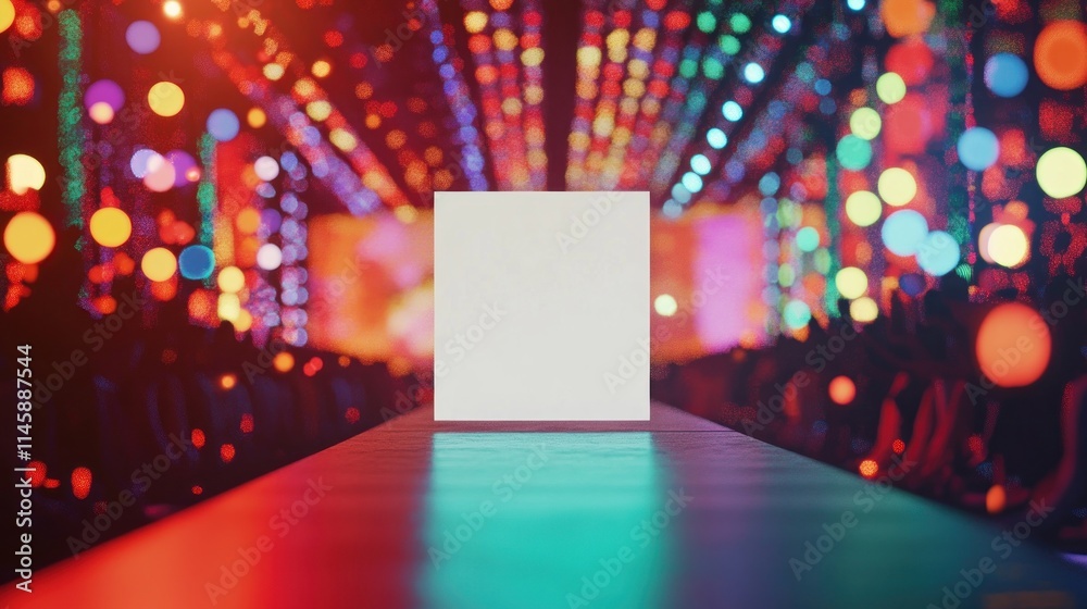 Poster white square stage with colorful bokeh lights in background.