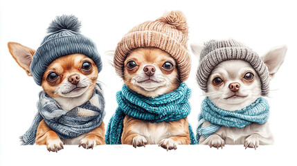 Fototapeta premium Cozy Chihuahuas wearing warm scarves and hats, showcasing their adorable charm