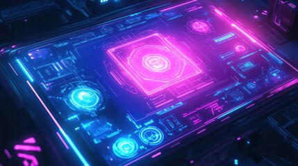 Obraz premium Futuristic neon pink blue glowing digital interface technology.