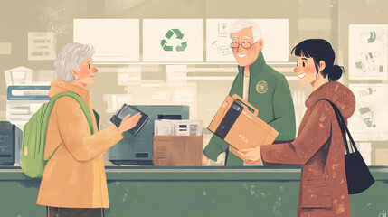 An older couple and a young volunteer exchanging electronic items at a recycling station