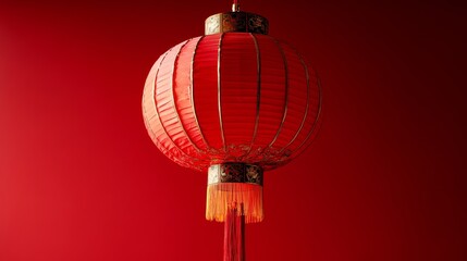 Obraz premium A red lantern hanging against a red background, banner, symbolizing celebration and culture.