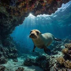 Obraz premium A curious sea lion exploring an underwater cave filled with vibrant coral.