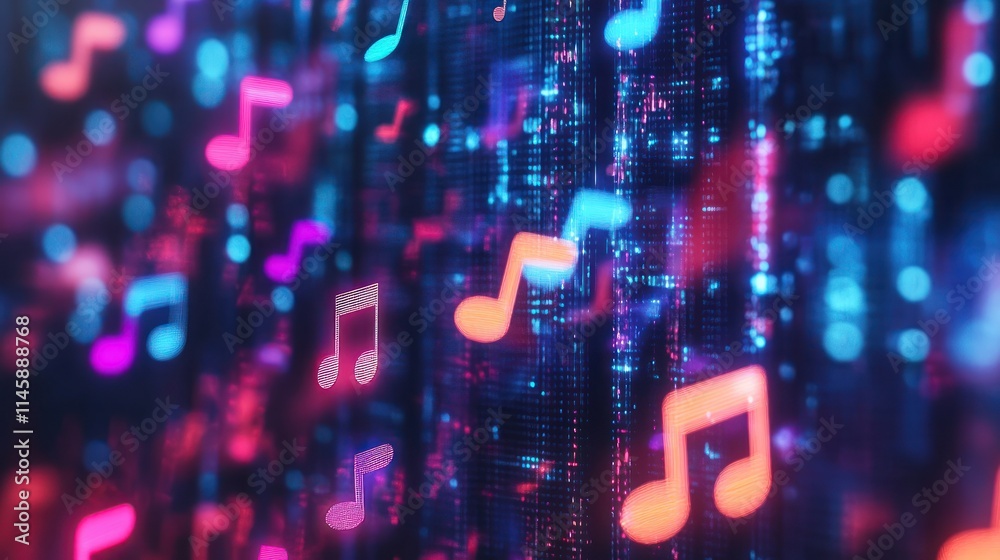 Poster floating music notes in a digital abstract.