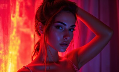 Young woman with striking features in vibrant light