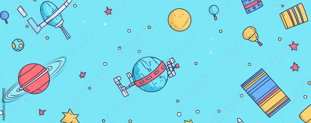 Poster space pattern with planets, stars, and objects.