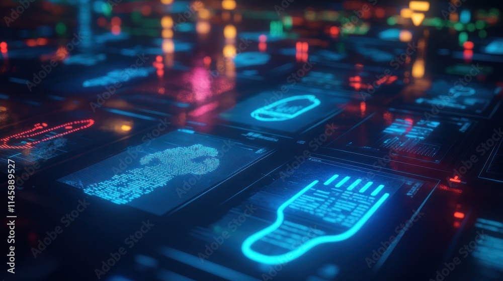 Poster glowing icons on a digital grid.
