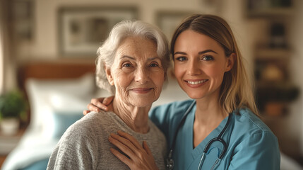 Obraz premium Portrait of smiling nurse with senior patient at home. Focus on woman