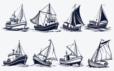 Vintage Fishing Boats Silhouettes on Water
