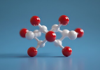 A molecular model depicting the structure of a chemical compound with red and white spheres.