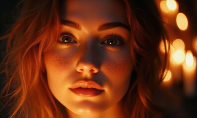 Young woman with freckled face and warm light