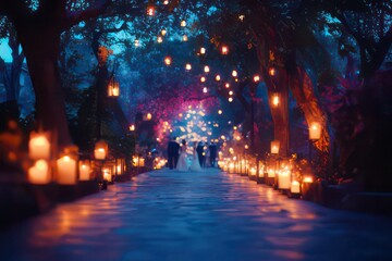 A romantic pathway illuminated by lanterns, perfect for a wedding or special event.
